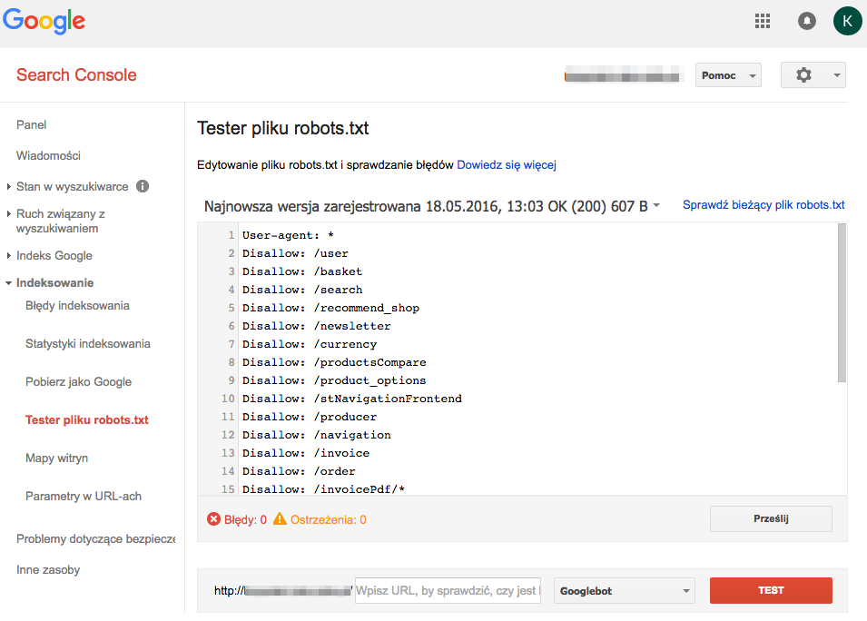 Checking the robots.txt file through Search Console